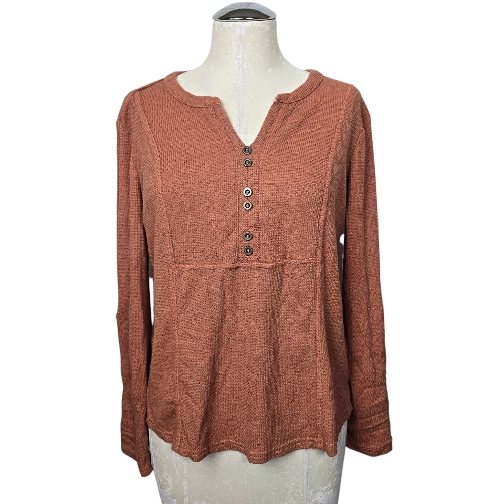 Jane & Delancey Orange Henley Tab Sleeves V Neck Top M